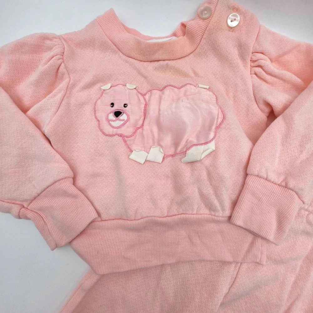 Vintage Hearts Pink Fleece Tracksuit Set Animal Applique 12 Months‎ Made in USA